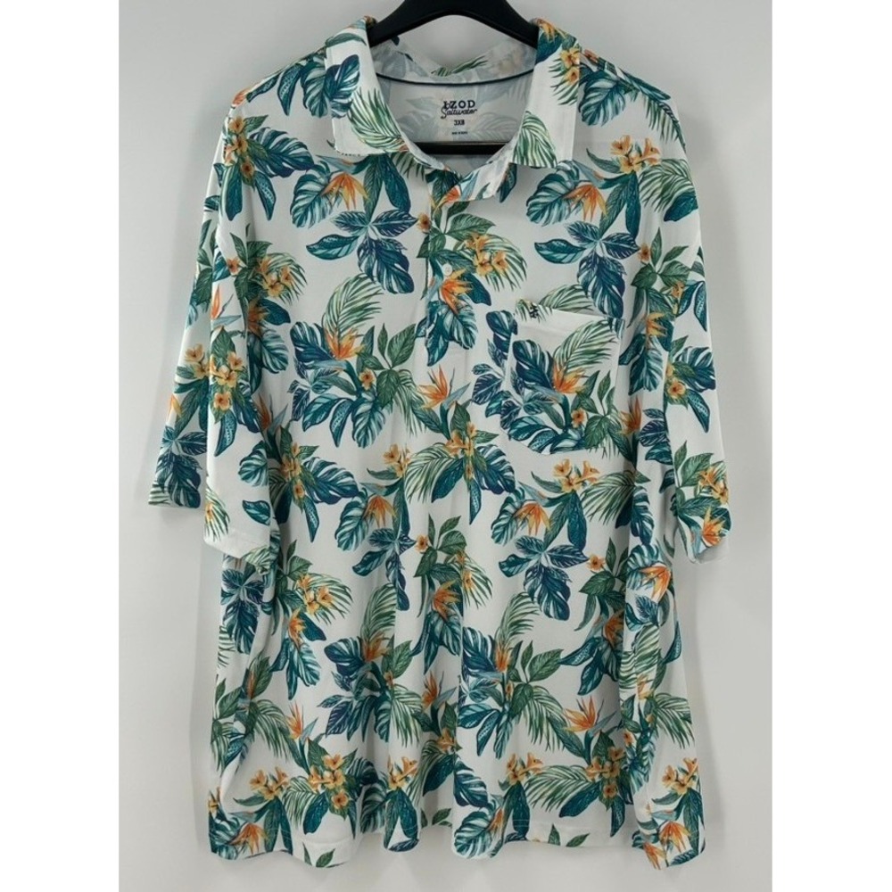 IZOD Saltwater Mens 3XB Polo Shirt Tropical Floral Palm Bird of Paradise White